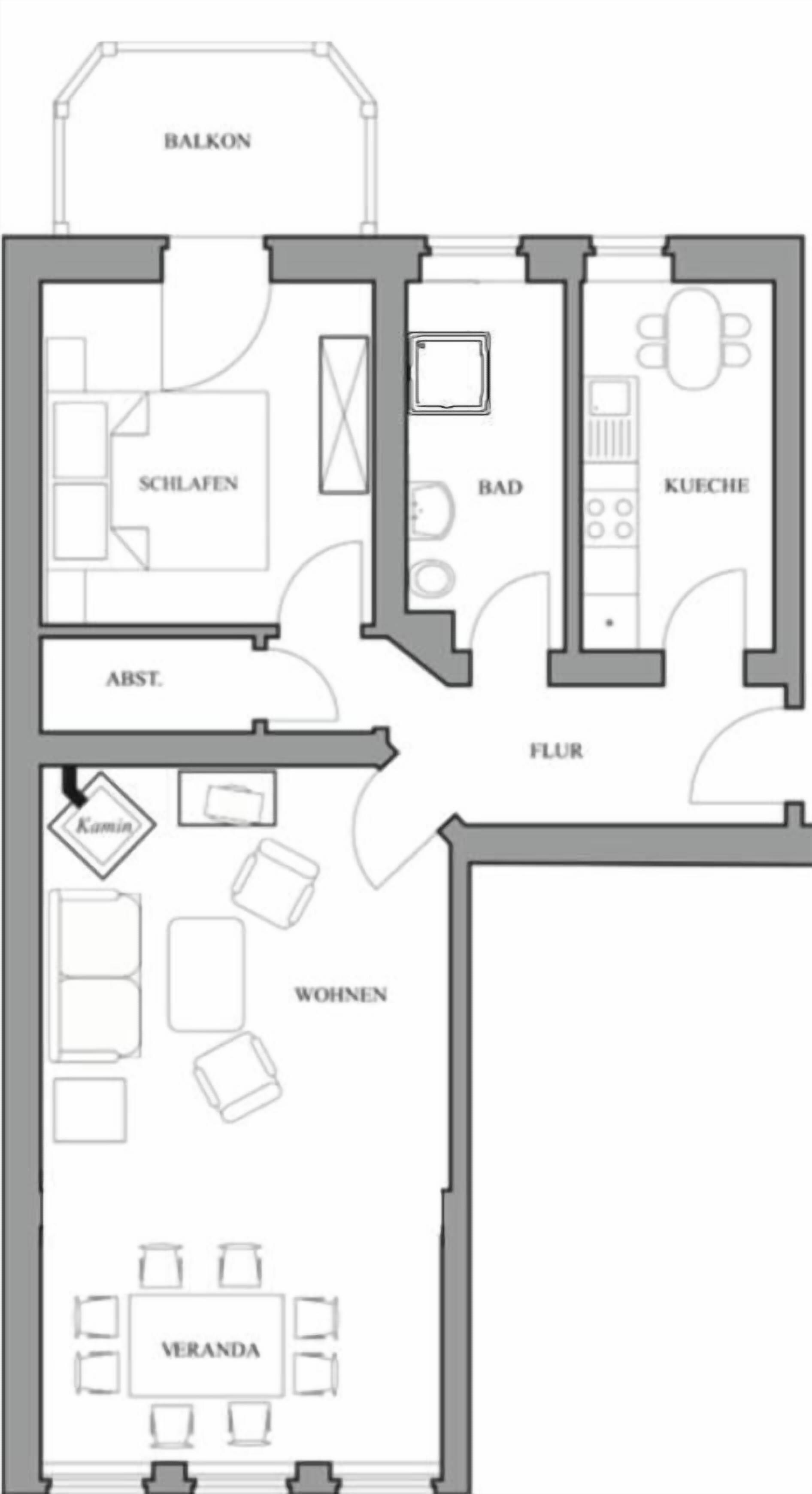 Pianta del piano con balcone, soggiorno, cucina, sala da pranzo e camere da letto.