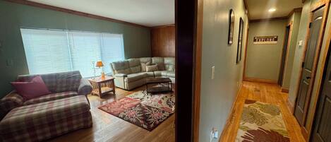 A living room with a sofa, a rug, and a window with blinds.