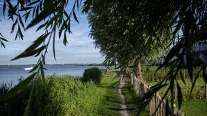 Un sentier qui mène à un plan d’eau, bordé de verdure et entouré d’une clôture en bois.