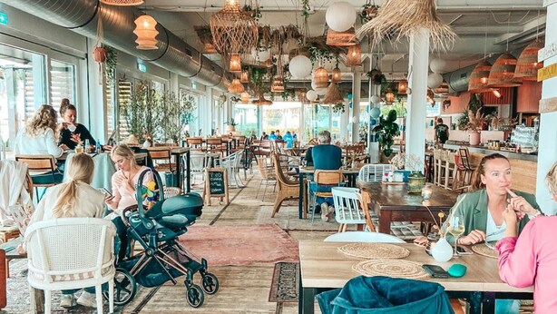 Un café spacieux avec de hauts plafonds, des plantes suspendues et différents types de sièges, notamment des tables et des chaises.