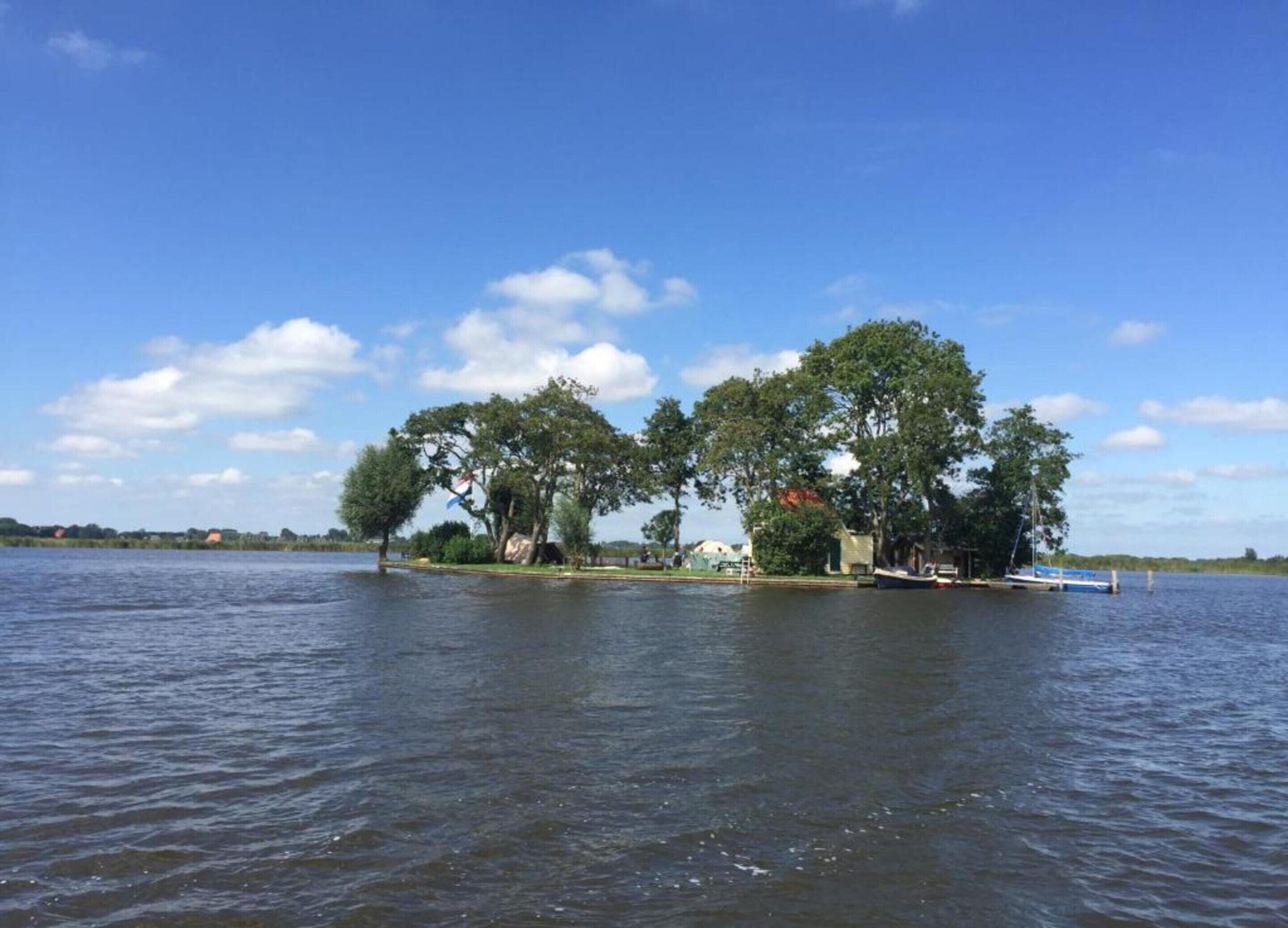 A small island with trees and a dock.