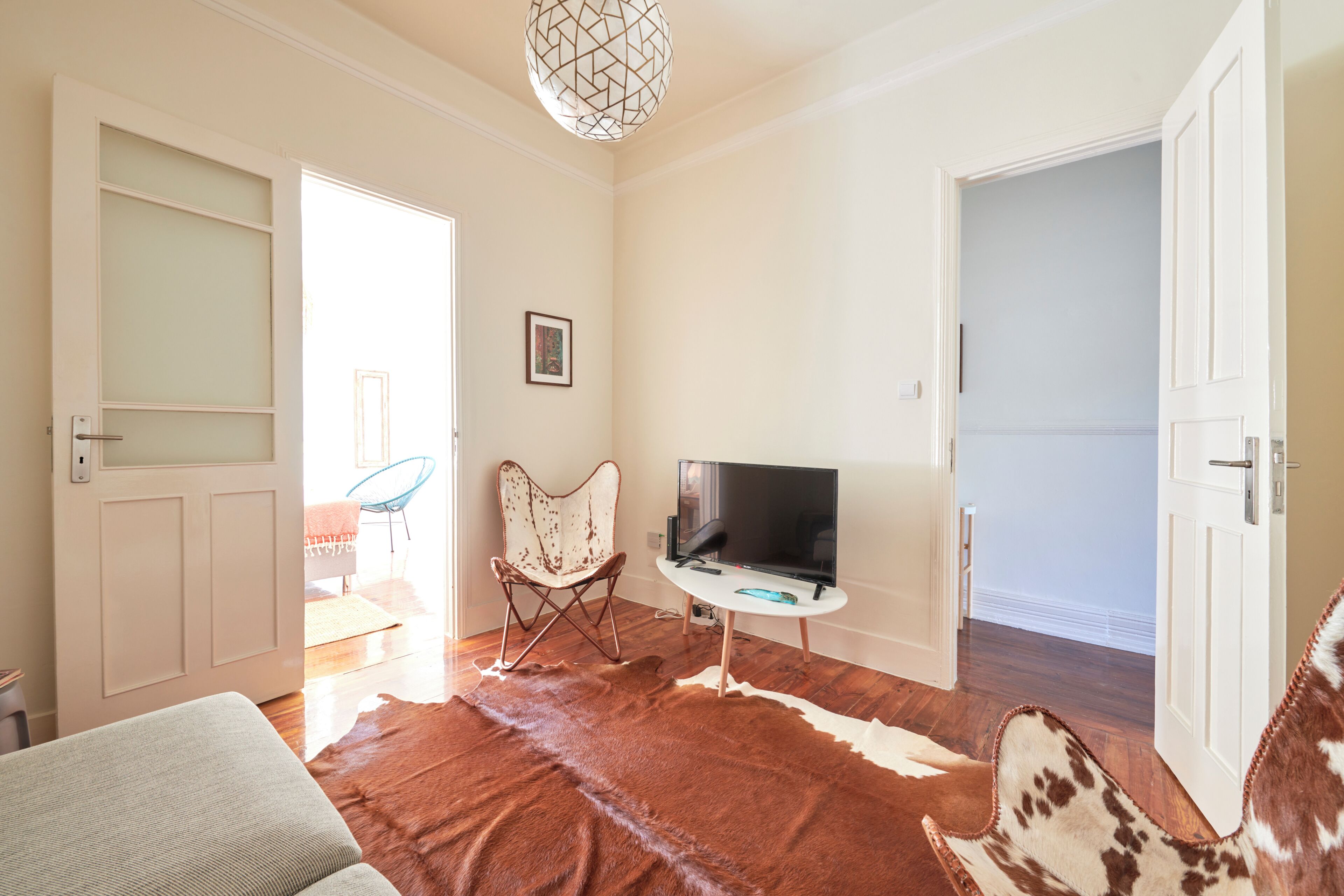 A room with a television, a cowhide rug, a folding chair, and a door leading to another room.
