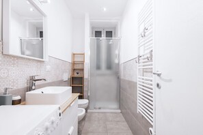 Shower, hair dryer, bidet, towels