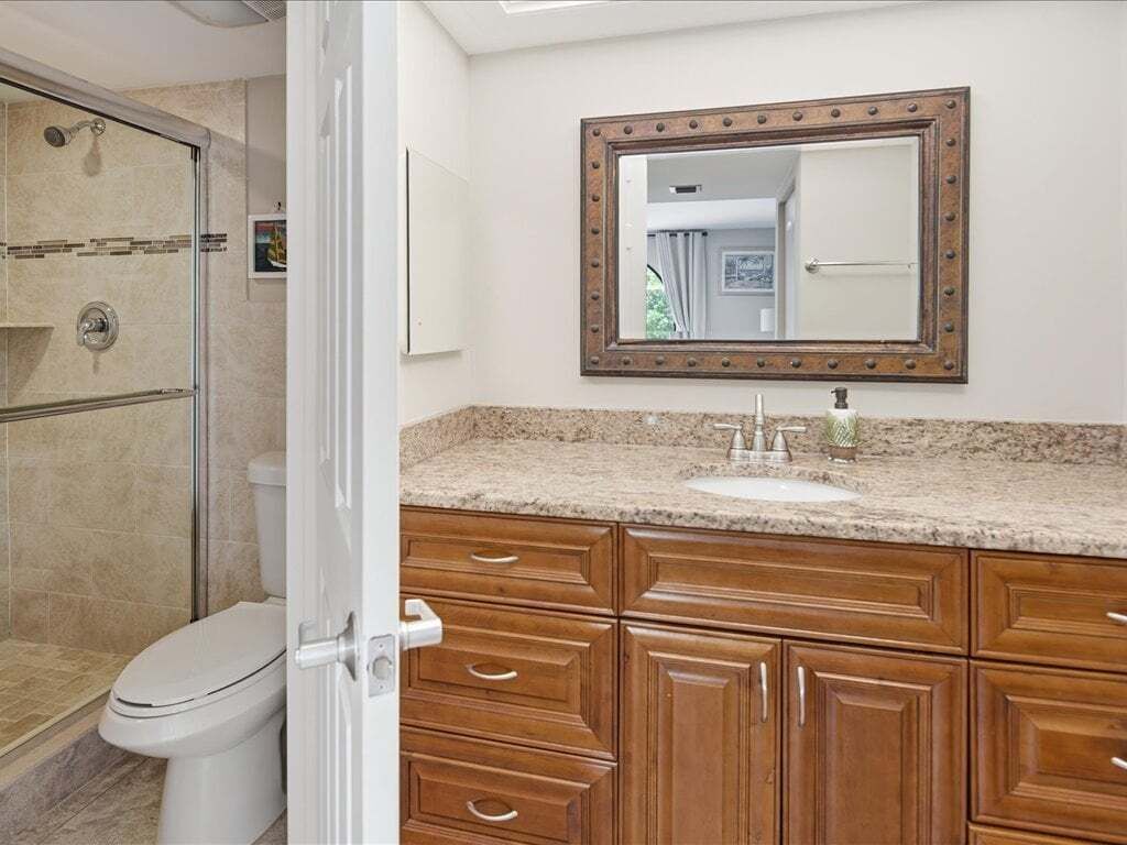 A bathroom with a shower, toilet, wooden vanity, and a mirror.