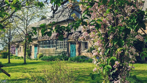 Una casa de piedra con contraventanas verdes, rodeada de abundante vegetación y árboles en flor.