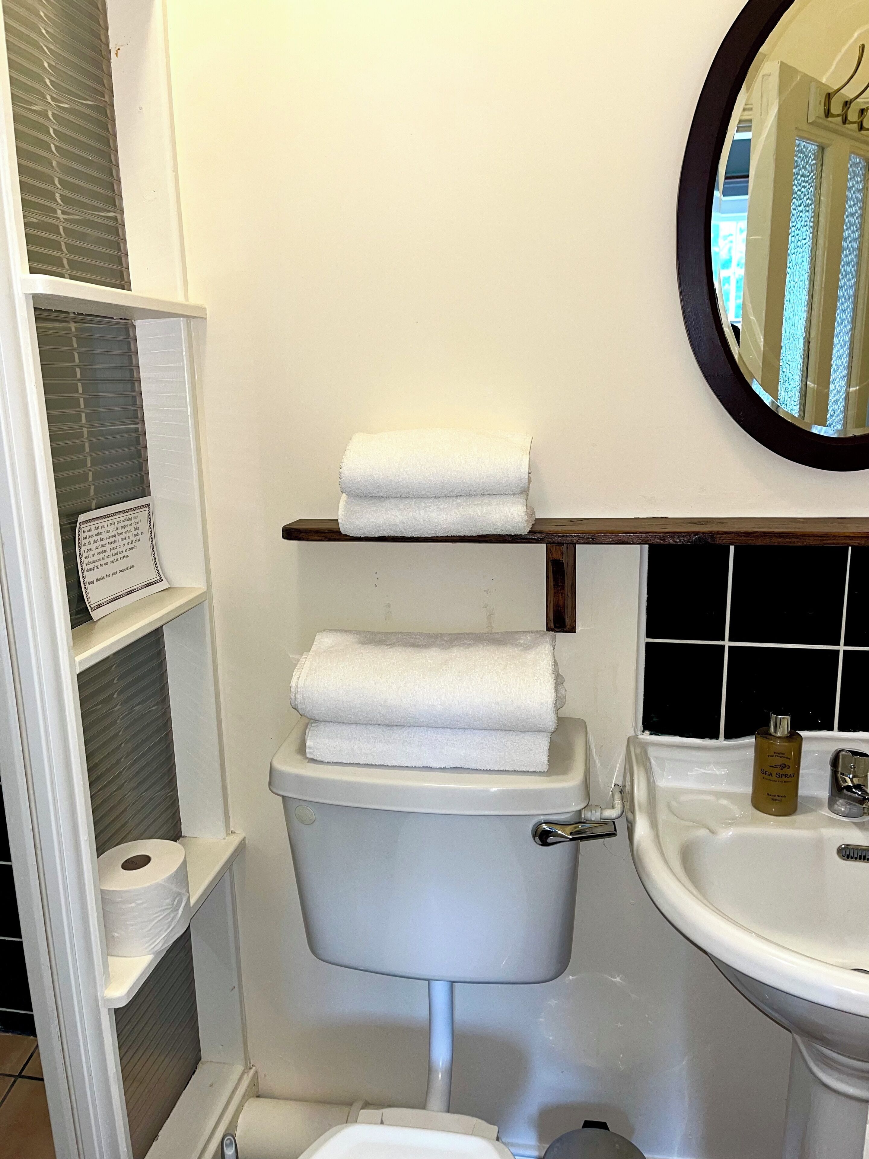 Een badkamer met toilet, wastafel, spiegel en een plank met een opgerolde handdoek.