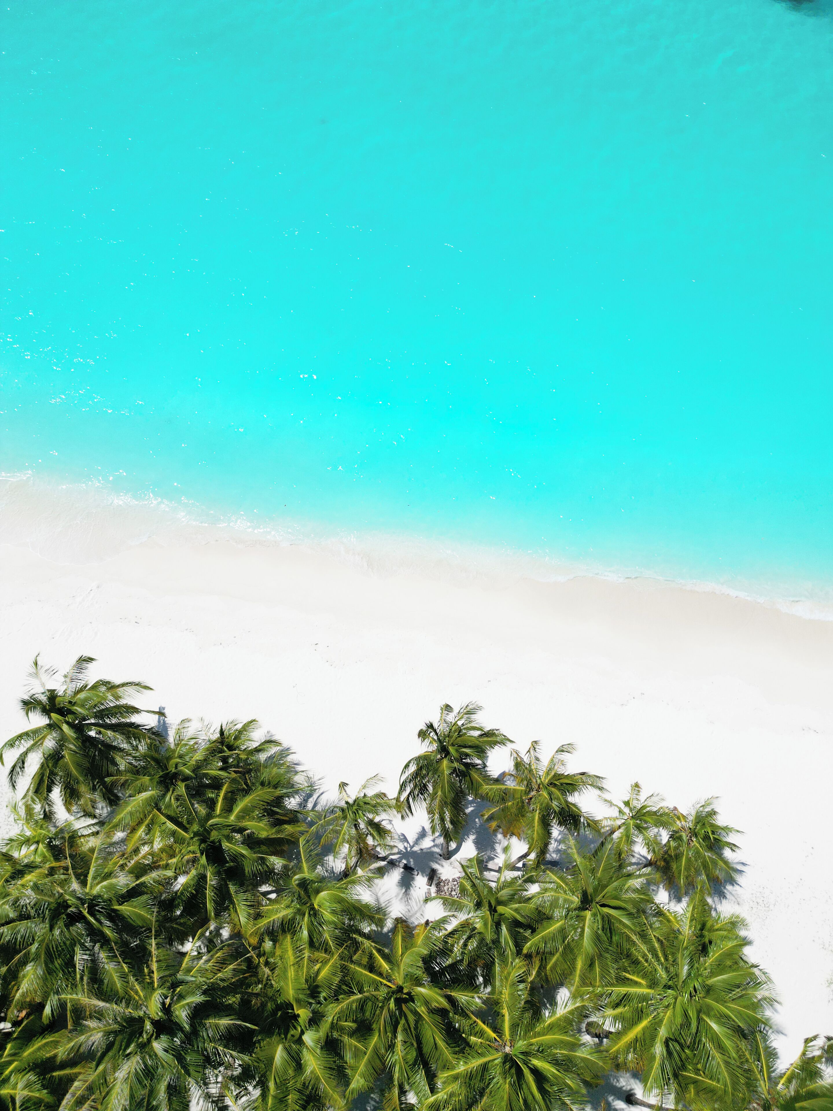 A beach with white sand and turquoise water.