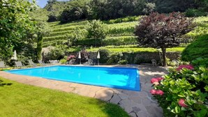 A rectangular swimming pool with a stone deck, surrounded by lush greenery and a hillside in the background. - Sittnerhof Agriturismo - Apartment Goethe (Merano)
