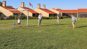 Um campo gramado com um gol de futebol, edifícios com telhados vermelhos e bandeiras ao fundo.