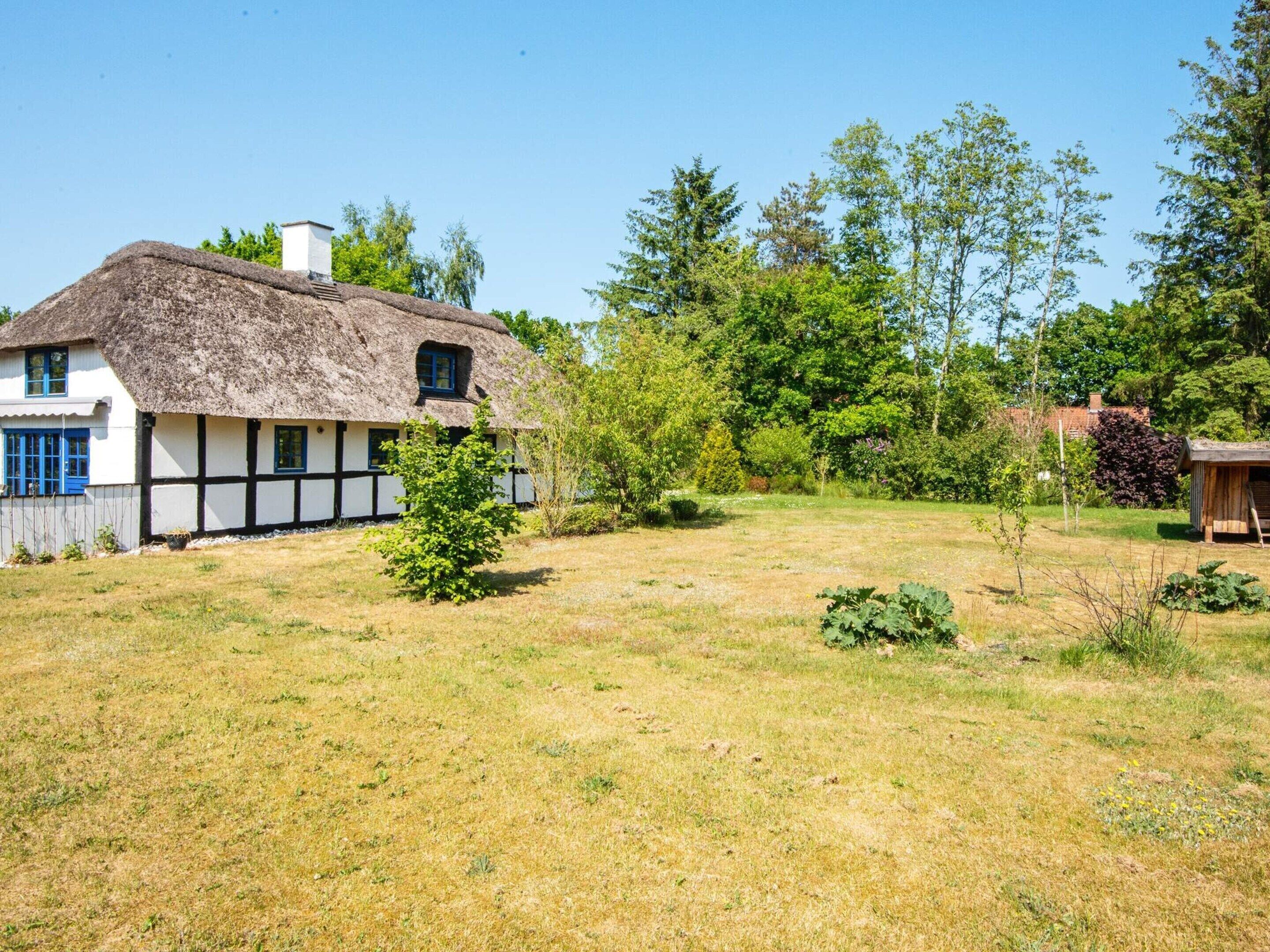 A traditional thatched-roof house with a white exterior and black trim, surrounded by a grassy yard with trees and shrubs.