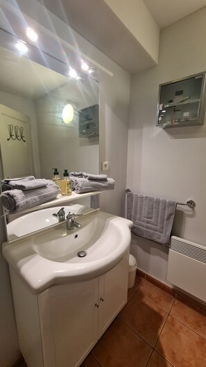 Hair dryer, towels, soap, shampoo