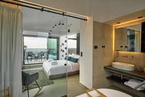 Penthouse with Private Pool | Bathroom | Hair dryer, slippers, towels, soap - SIGMA Suites Hotel (Neapoli-Sykies)