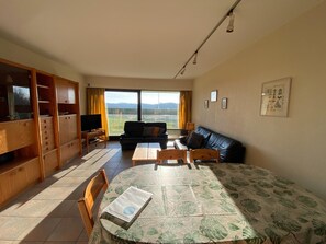 Ein Wohnzimmer mit einer Couch, einem Esstisch mit Stühlen, einem Fernseher und Blick ins Freie.