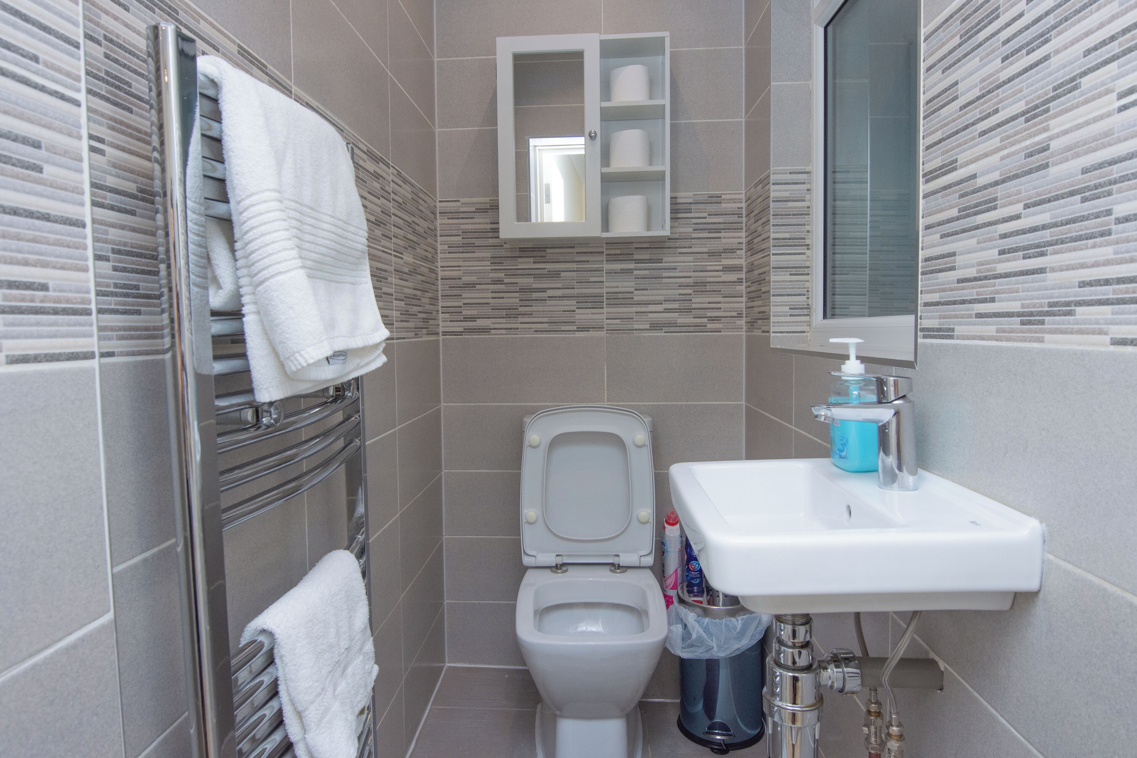 A bathroom with a toilet, a sink, a mirror, and a towel rack.