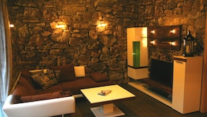 A modern living room with a stone wall, a sofa, a coffee table, and a fireplace. - Holiday Home Hannah Comfortable Vacation Home (Koserow)