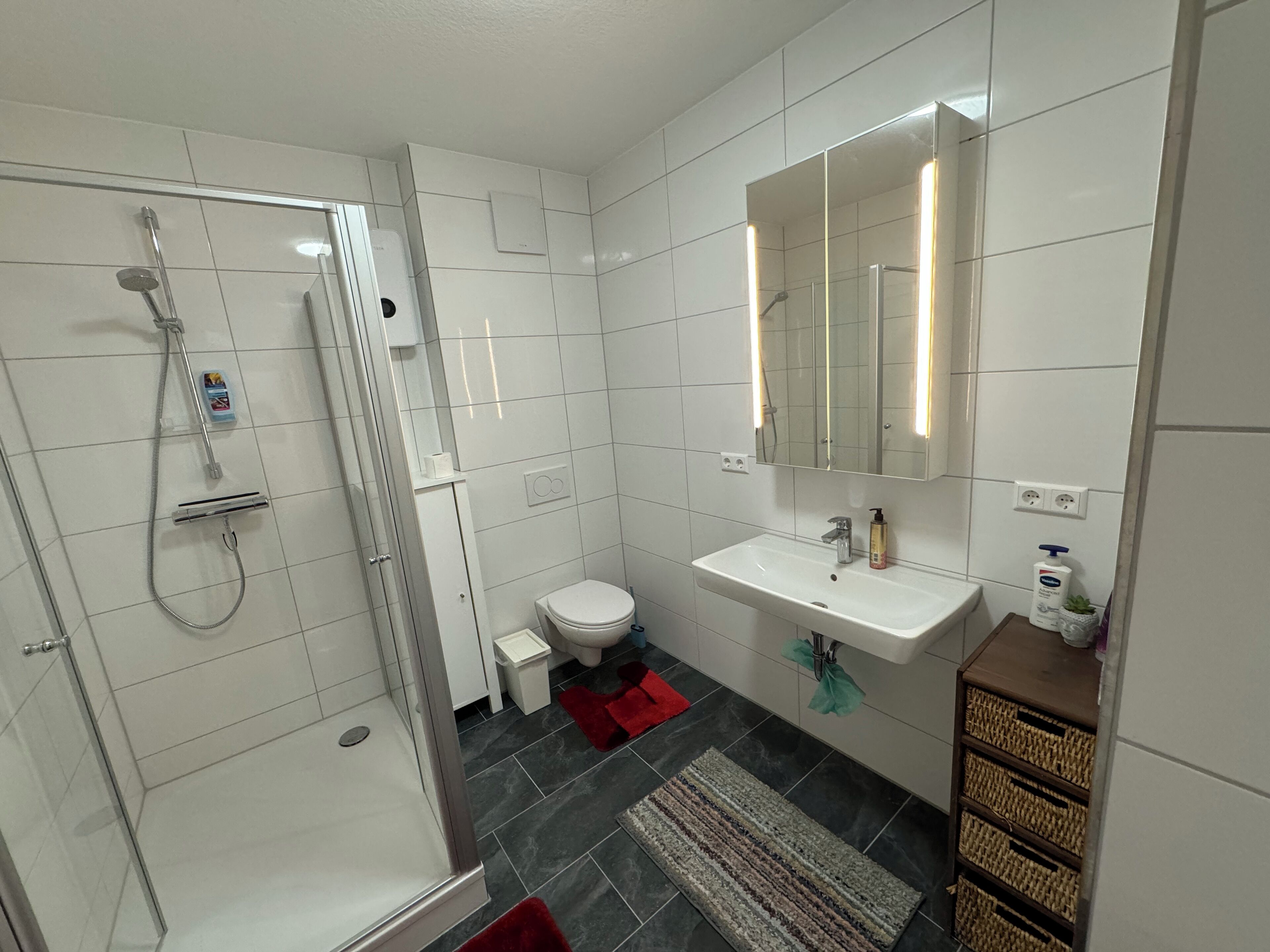 A modern bathroom with a shower, toilet, sink, and a mirror.