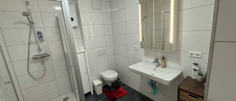A modern bathroom with a shower, toilet, sink, and a mirror.