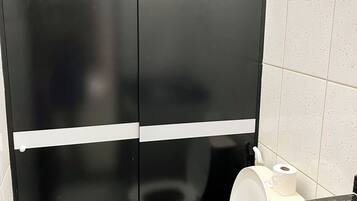 Shower, towels, soap, toilet paper