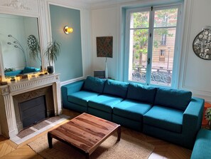 TV, fireplace, books