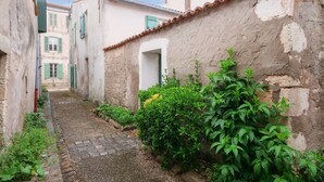 Une ruelle étroite pavée, bordée de bâtiments des deux côtés, qui présente un style architectural rustique, avec des signes d’usure apparents et des volets verts.