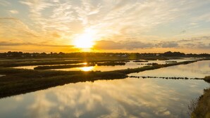 A sunset over a calm water body with a wooden walkway along the edge. - Escape 400m from Sableaux beach (Noirmoutier-en-l´Ile)