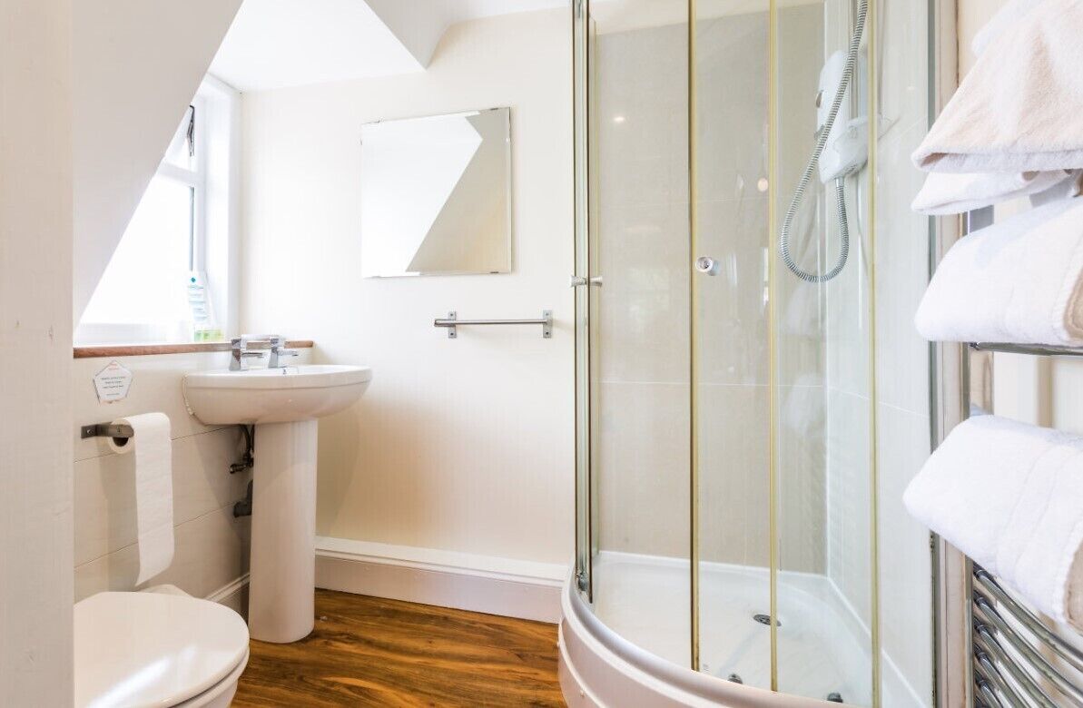 A modern bathroom with a glass-enclosed shower, a white sink, and a toilet.