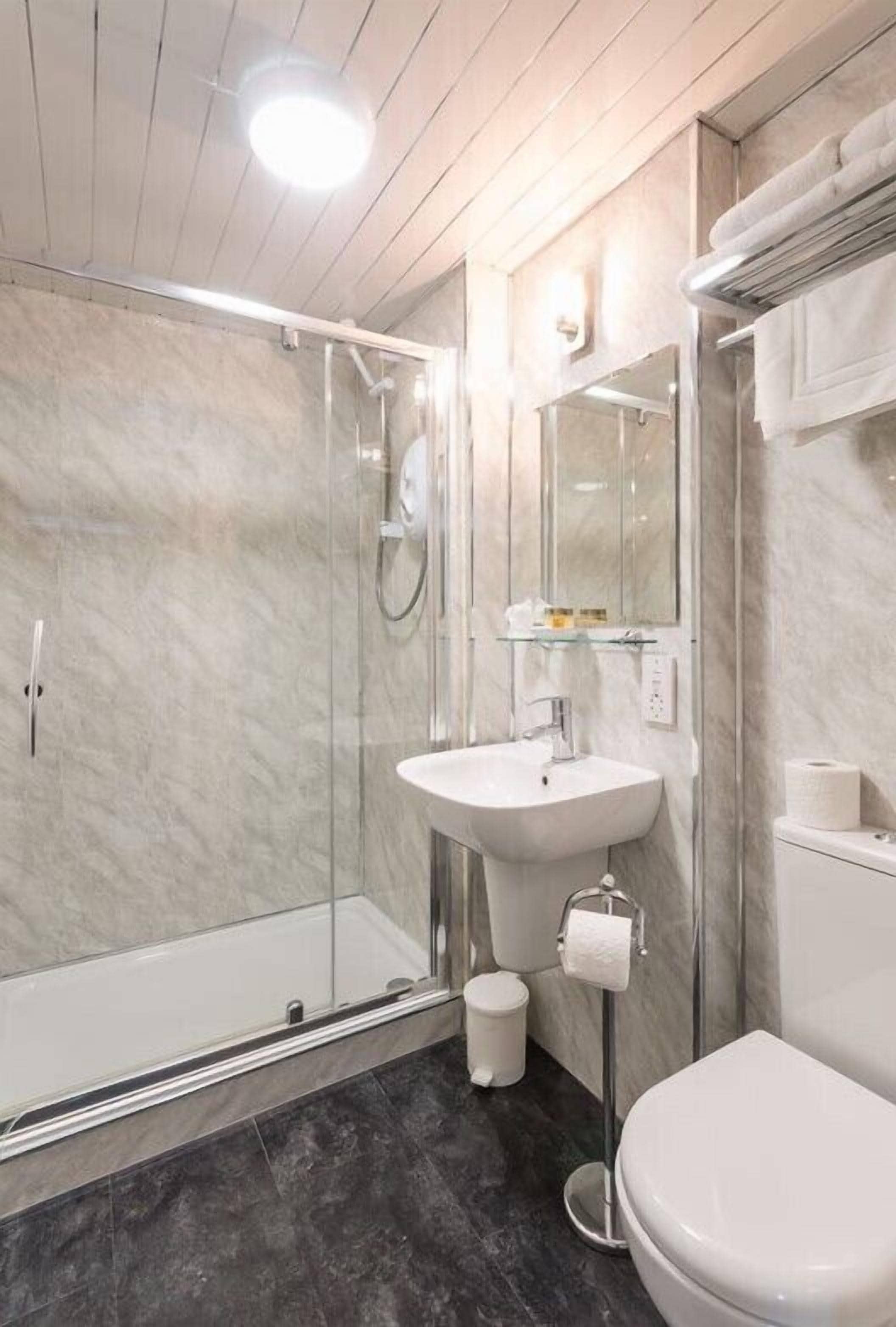 A modern bathroom with a glass shower enclosure, a white sink, and a toilet.