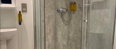 A modern bathroom with a glass shower enclosure, a white sink, and a toilet.