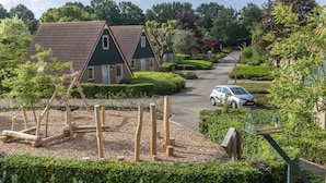 Een woonwijk met huizen, een oprit en een auto.