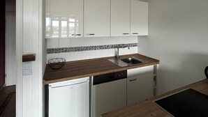 A compact kitchen with white cabinets, a wooden countertop, a dishwasher, and a sink. - Charming apartment by the sea! (Wendtorf)