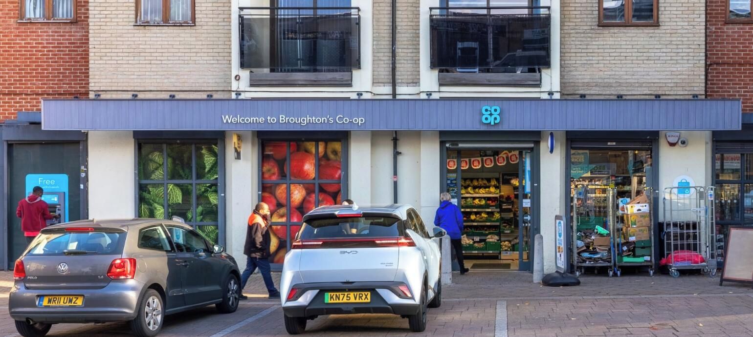 A storefront with a sign reading 'Welcome to Broughton's Co-op.'