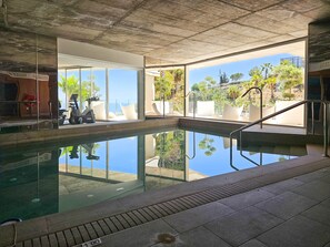 An indoor swimming pool with clear glass walls, a view of palm trees and a rocky hillside, and exercise equipment near the pool.