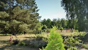 Un parque con varios árboles y un área de juegos.