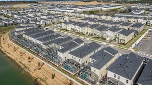 Un quartier résidentiel où de maisons modernes sont alignées en rangées le long d’une promenade au bord de l’eau.
