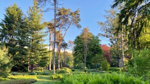 Een verzorgde tuin met hoge bomen, diverse struiken en een keurig gemaaid gazon.