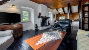 A cozy living room with a fireplace, leather sofa, and a television.