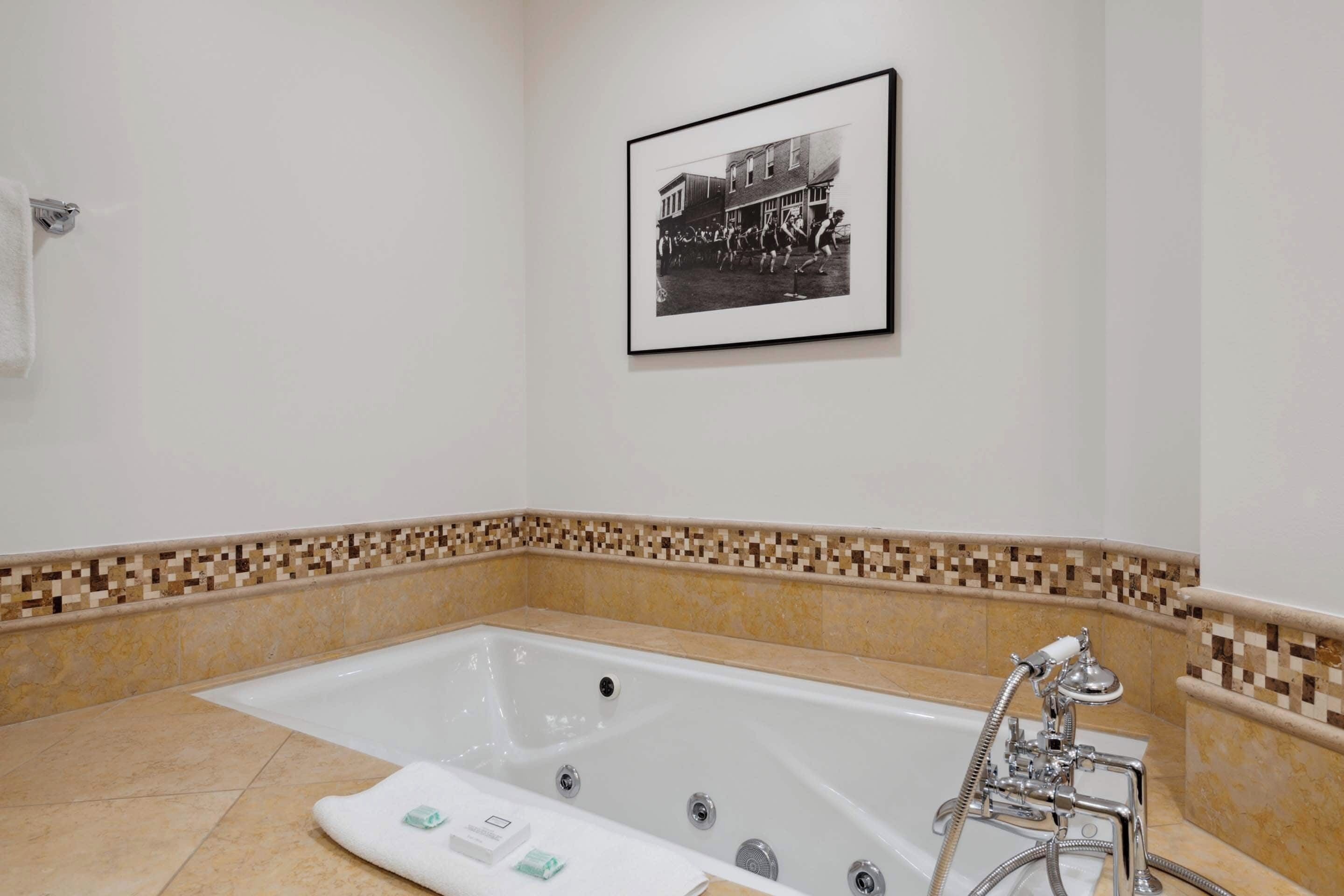 A bathroom with a large bathtub, a framed photograph on the wall, and a tiled border.
