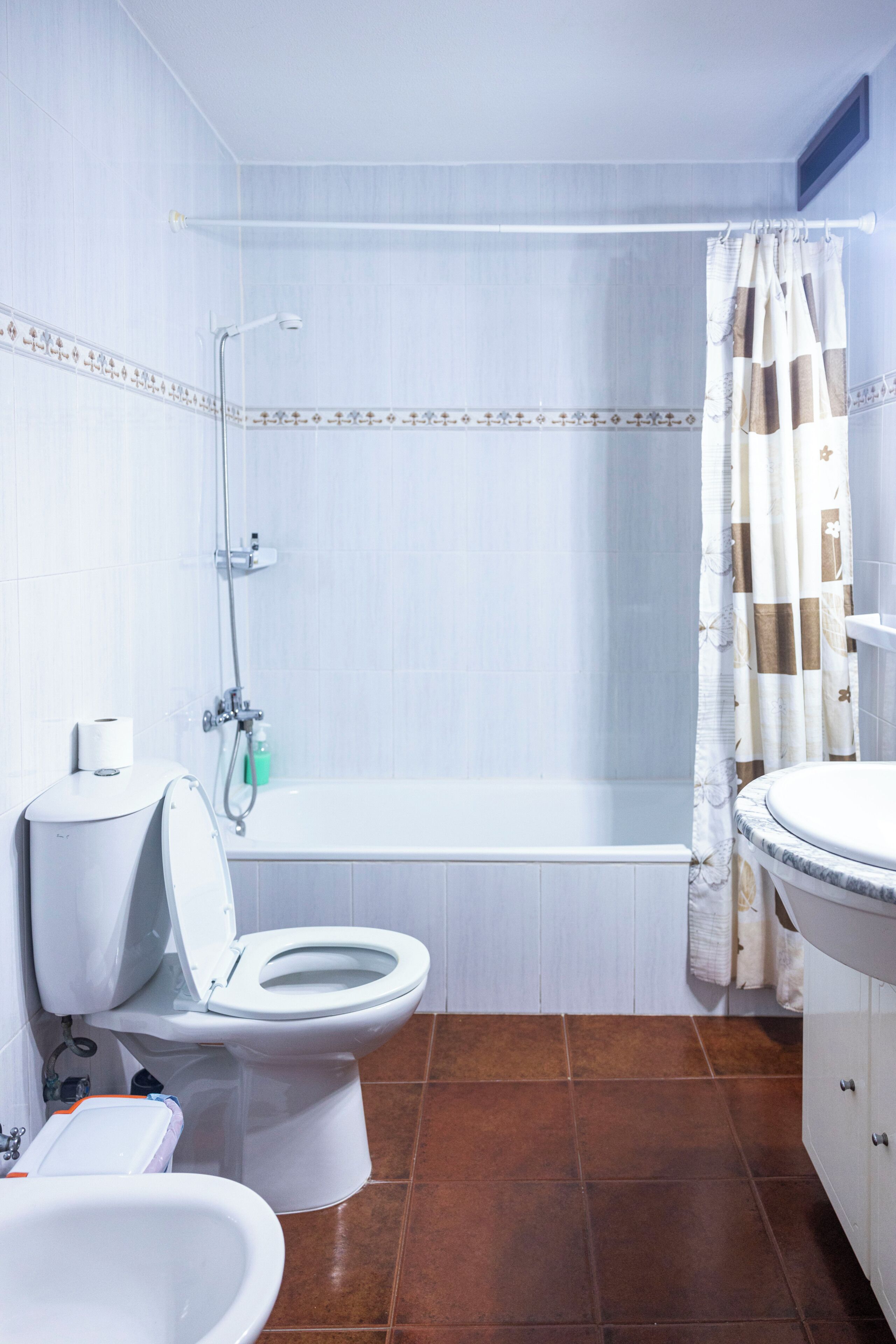 Un baño con inodoro, bidé, bañera y ducha.