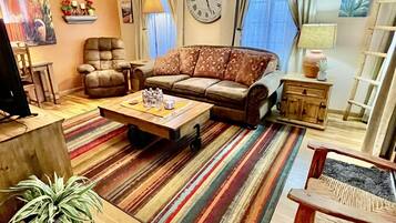 Smart TV, fireplace, books