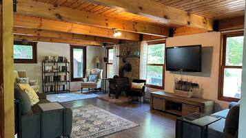 智能电视、壁炉、书、立体声音响