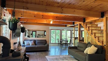 Smart TV, chimenea, libros, estéreo