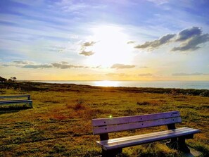 A bench in a grassy field with a sunset in the background. - 4 Person Holiday Home in Glesborg (Glesborg)