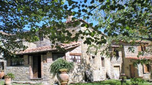 A stone building with a tiled roof, a potted plant in the foreground, and a table with chairs outside. - Farmhouse in Cortona With Pool (Cortona)