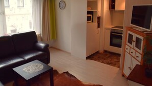 Ein gemütlicher Wohnraum mit einer Couch, einem Couchtisch, einer Küchenzeile inklusive Schränken und Geräten sowie einem Fernseher.