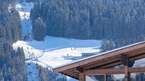 Un chalet de montagne avec un télésiège, entouré d’arbres couverts de neige.
