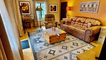 Smart TV, fireplace, books
