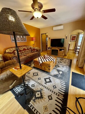 TV connectée, cheminée, livres