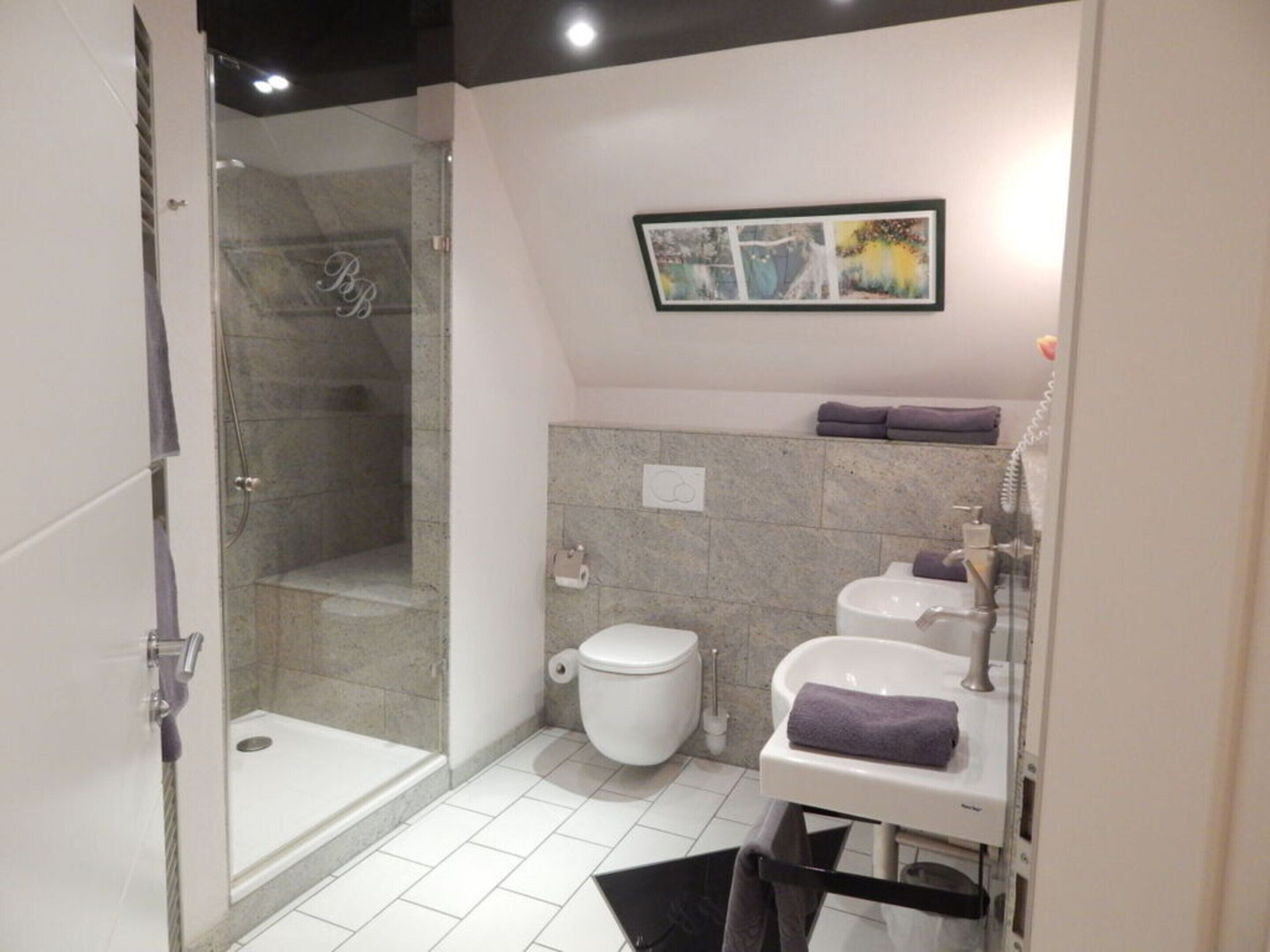A modern bathroom with a glass-enclosed shower, a toilet, and a sink with a towel.