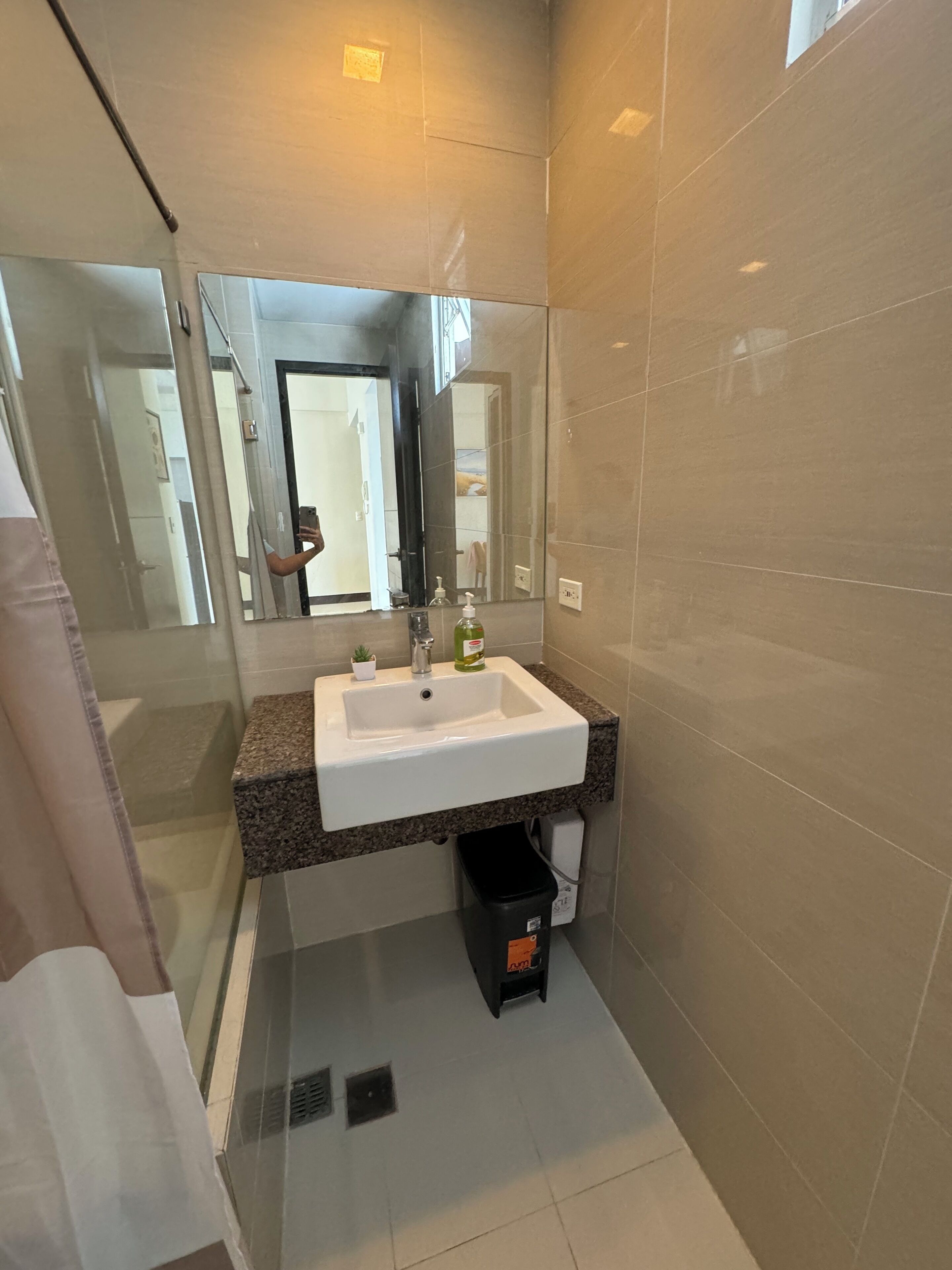 Une salle de bain moderne avec un lavabo blanc, une petite plante en pot et un miroir au-dessus.