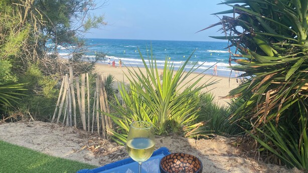 A glass of white wine on a blue table with a mosaic bowl, overlooking a beach with waves and people. - Atypical, set on the beach with direct access, swimming pool, barbecue, pets allowed (Marseillan)